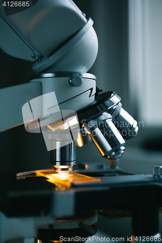 Image of Close up of microscope and test sample