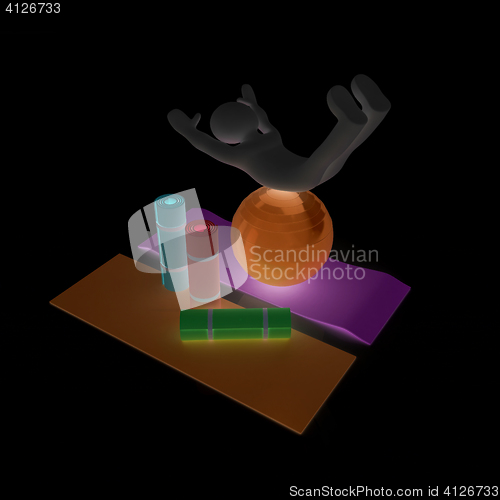 Image of 3d man on a karemat with fitness ball. 3D illustration