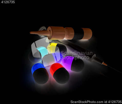 Image of Syringe, tablet, pill jar. 3D illustration