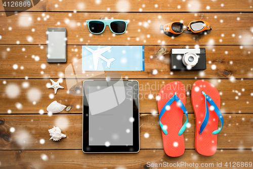 Image of close up of tablet pc and travel stuff