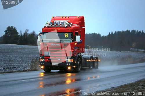 Image of Red Scania 4-series Bobtail Christmas Truck