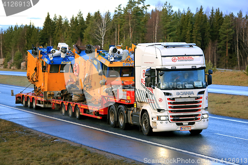 Image of Scania R580 Heavy Transport of Dredging Equipment in Winter