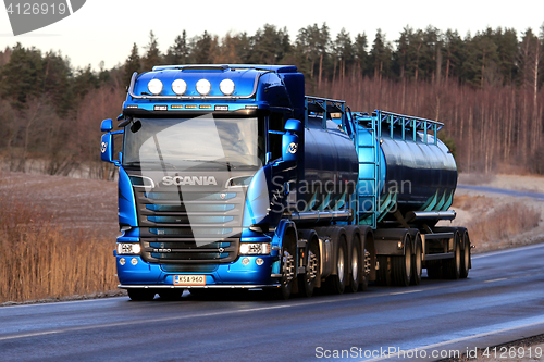 Image of Blue Scania R580 Tank Truck on Winter Morning