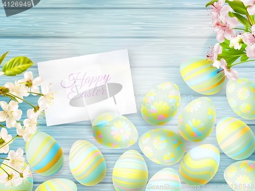 Image of Easter eggs on a wooden background. EPS 10
