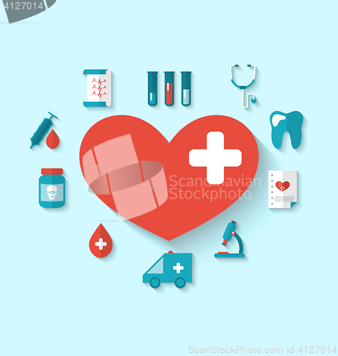 Image of Collection modern flat icons of hearts and medical elements, sim