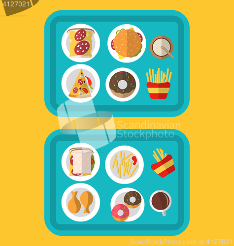 Image of Plastic Trays with Fast Food and Drinks
