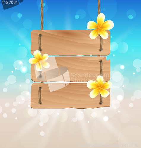 Image of Hanging wooden signboard with tropical flowers frangipani