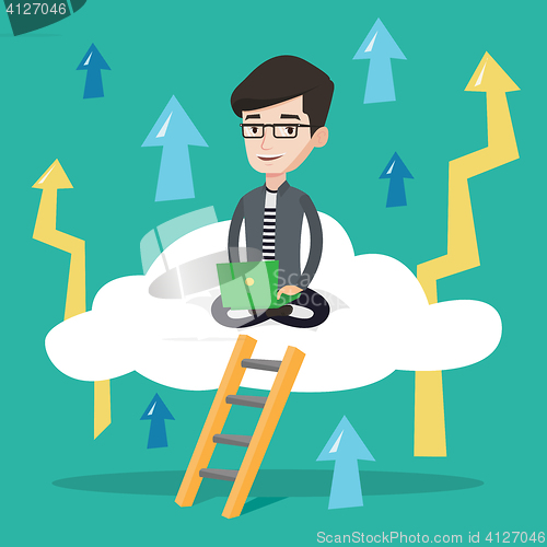 Image of Businessman sitting on cloud with laptop.