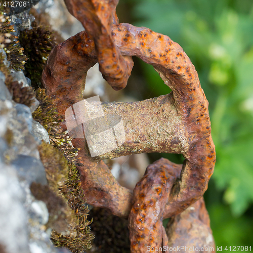 Image of Old chain with rust, steel chain link fence