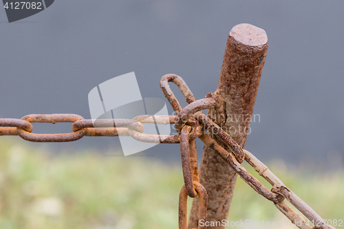 Image of Old chain with rust, steel chain link fence