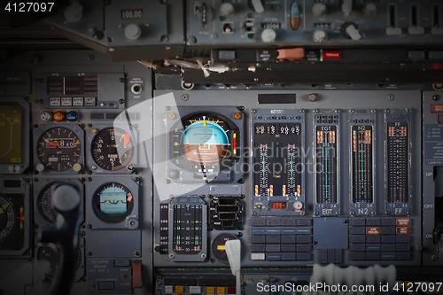 Image of Different meters and displays in an old plane