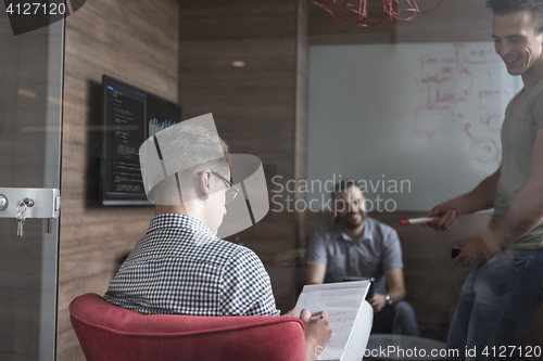 Image of team meeting and brainstorming in small private office