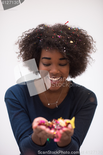 Image of happy young woman celebrating