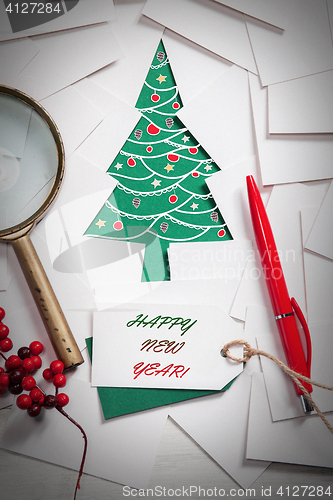 Image of Creative design of christmas background with paper fir tree