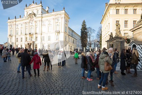 Image of Tourists queue in front of the Prague Castle