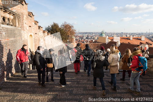 Image of Tourists queue in front of the Prague Castle