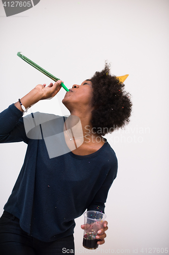 Image of happy young woman celebrating