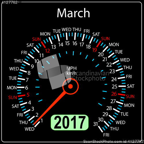 Image of year 2017 calendar speedometer car. March