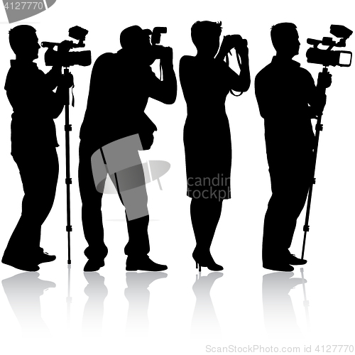 Image of Cameraman with video camera. Silhouettes on white background. 