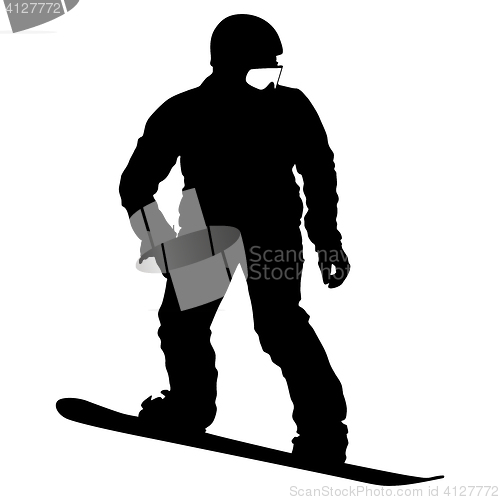 Image of Black silhouettes  snowboarders on white background. 