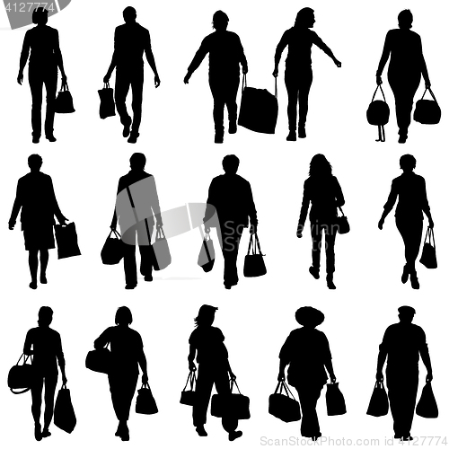 Image of Black silhouettes mans and womans with bags packages