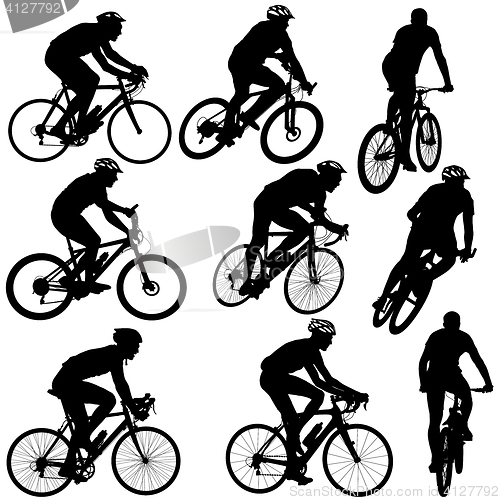 Image of Set silhouette of a cyclist male and female.  