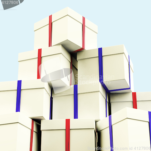 Image of Stack Of Giftboxes With Sky Background As Presents For The Famil