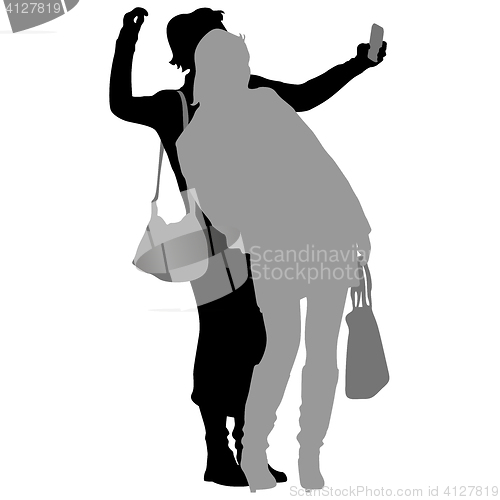 Image of Silhouettes woman taking selfie with smartphone on white background.