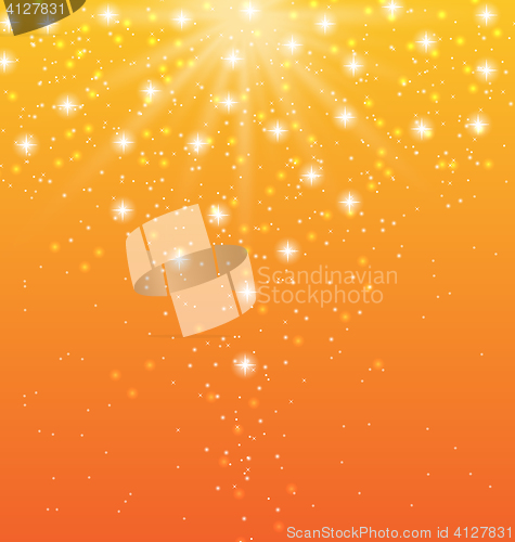 Image of Abstract orange background with sun rays and shiny stars