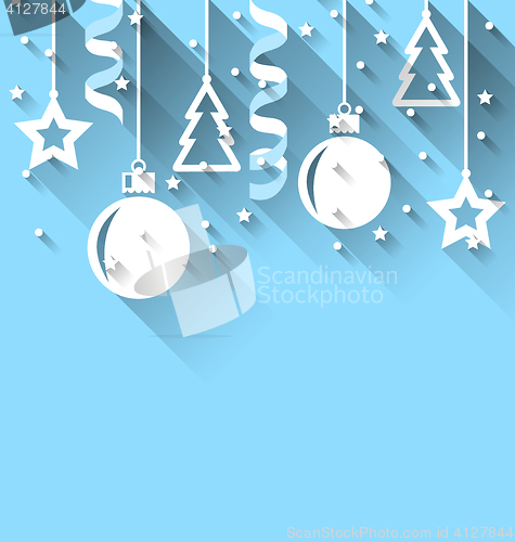 Image of Christmas background with fir, balls, stars, streamer, trendy fl