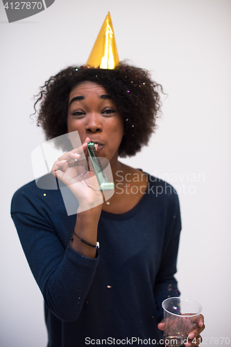 Image of happy young woman celebrating