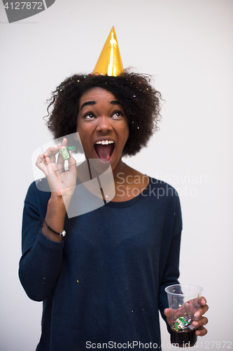 Image of happy young woman celebrating