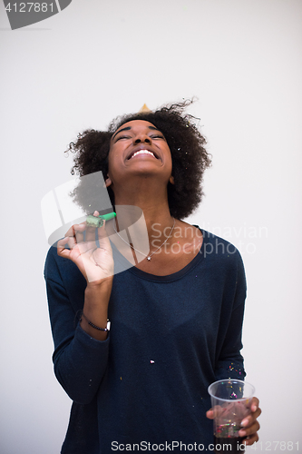 Image of happy young woman celebrating