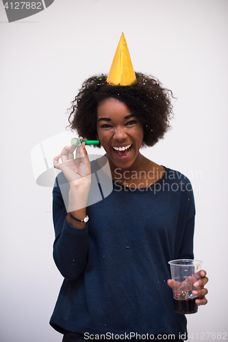 Image of happy young woman celebrating