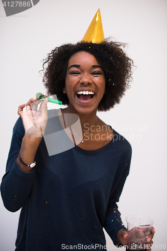 Image of happy young woman celebrating