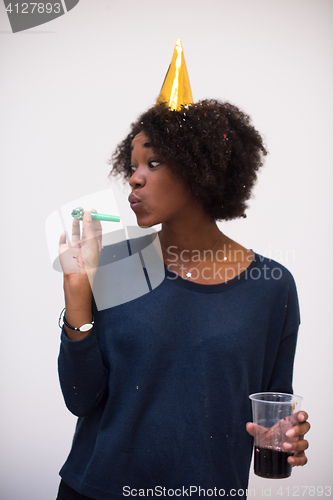 Image of happy young woman celebrating