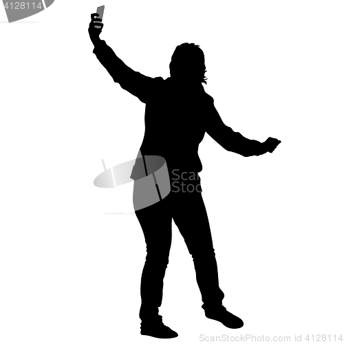 Image of Silhouettes woman taking selfie with smartphone on white background.