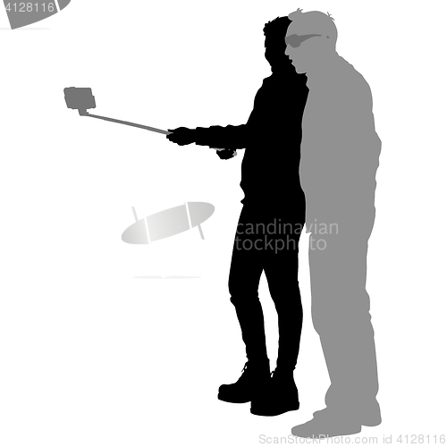 Image of Silhouettes man and woman taking selfie with smartphone on white background.