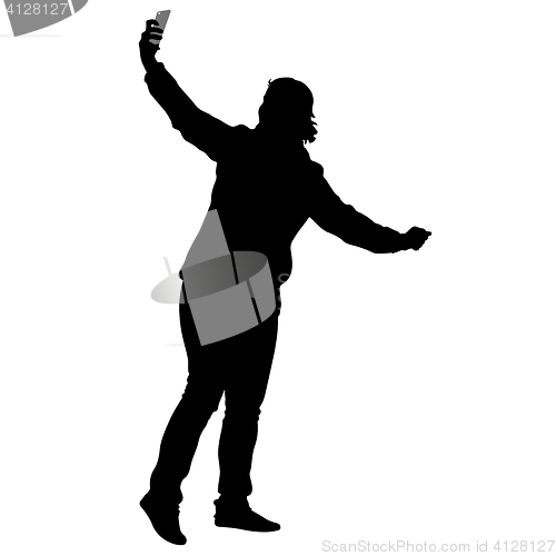 Image of Silhouettes woman taking selfie with smartphone on white background.