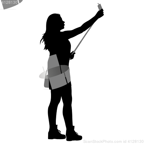 Image of Silhouettes woman taking selfie with smartphone on white background.