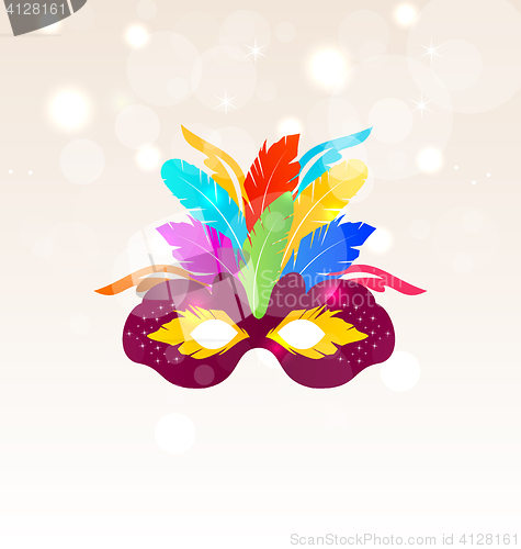 Image of Colorful Carnival Mask with Feathers on Glowing Background