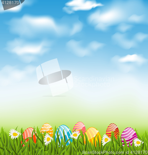 Image of Easter natural landscape with traditional painted eggs in grass 