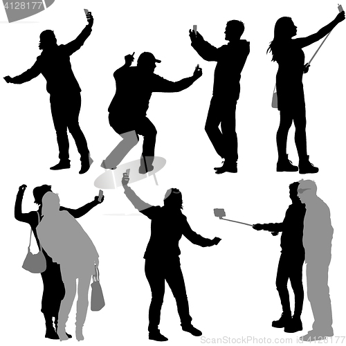 Image of Silhouettes man and woman taking selfie with smartphone on white background. illustration