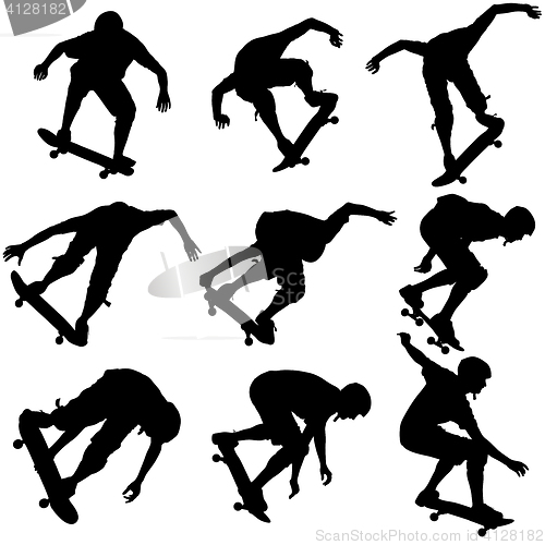 Image of Set ilhouettes a skateboarder performs jumping. illustration