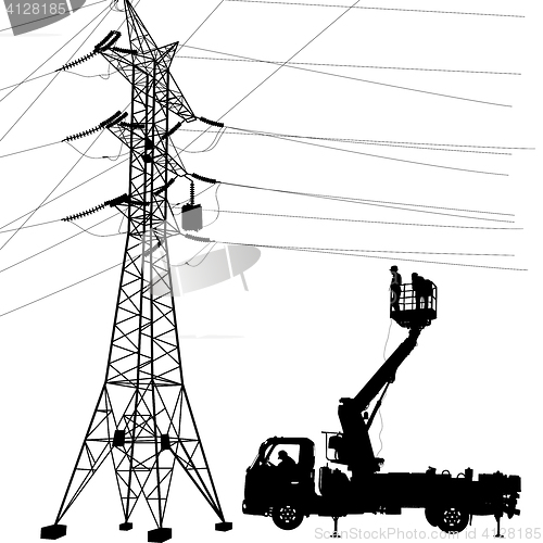 Image of Electrician, making repairs at a power pole. illustration