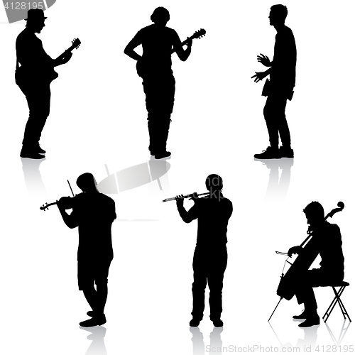 Image of Silhouettes street musicians playing instruments. illustration