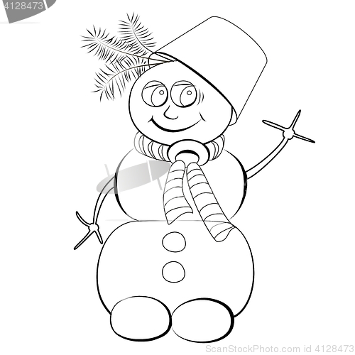 Image of Colorless cheerful snowman with a bucket on his head