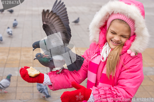 Image of The girl dodged pigeons, which are fighting for bread
