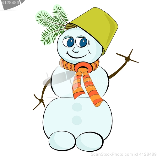 Image of Cheerful snowman with a green bucket on his head