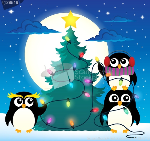 Image of Penguins around Christmas tree theme 3